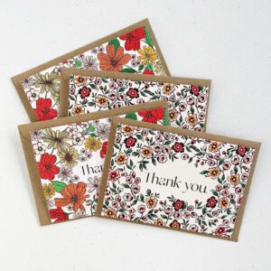 Set of 4 Red Floral Thank You Cards