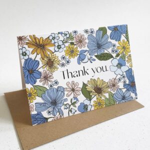 Blue ditsy floral Thank you card standing up